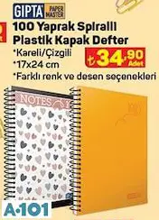 GIPTA 100 YAPRAK SPİRALLİ PLASTİK KAPAK DEFTER